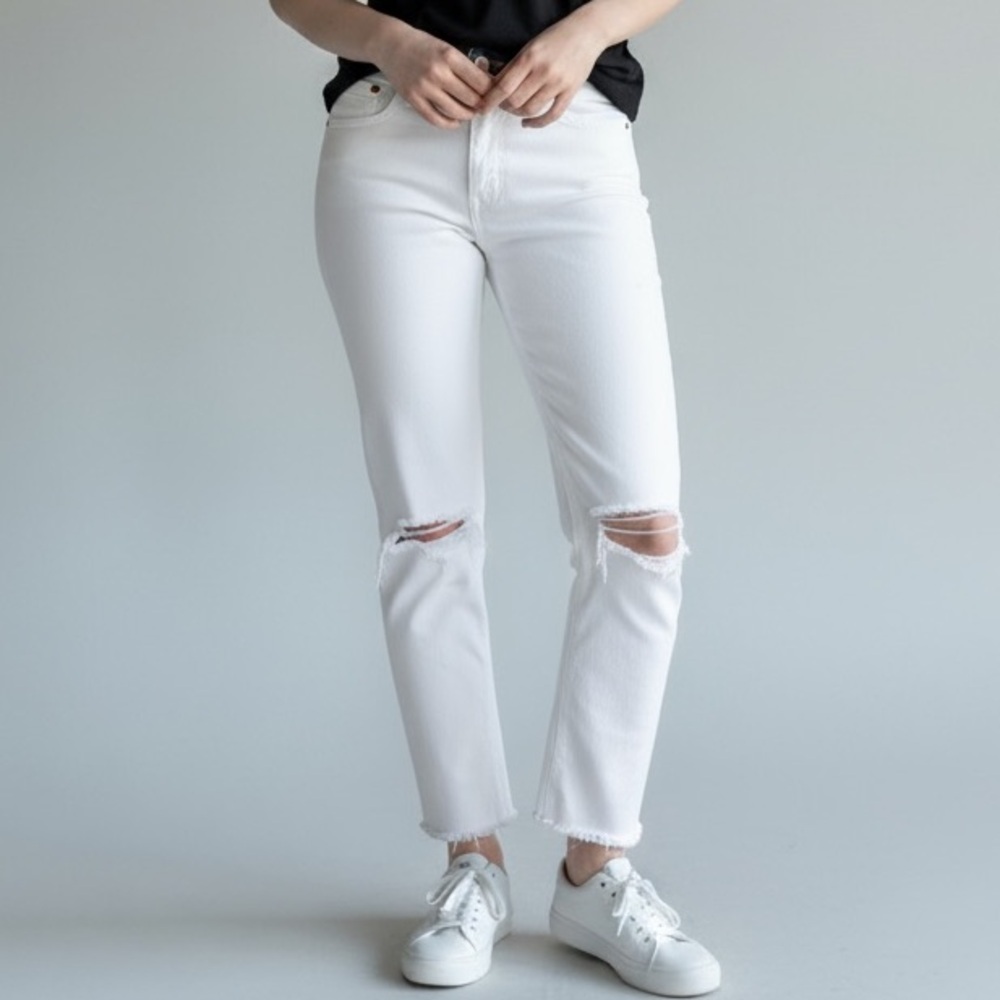 RE/DONE Jeans White Distressed Straight-Leg Jeans - Size 32 Casual White Denim